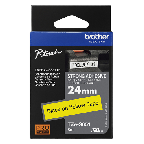 TZE-S651 LAMINATED TAPE 24MM 8M BLACK ON YELLOW EXTRA-STRONG