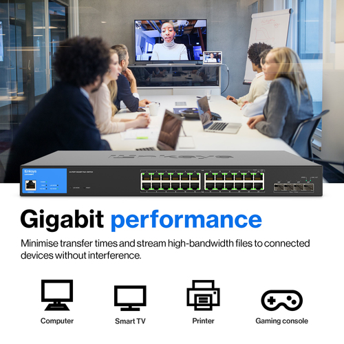 Linksys LGS328MPC 24 Ports Manageable Ethernet Switch - 3 Layer Supported - Modular - 410 W PoE Budget - Optical Fiber, Tw