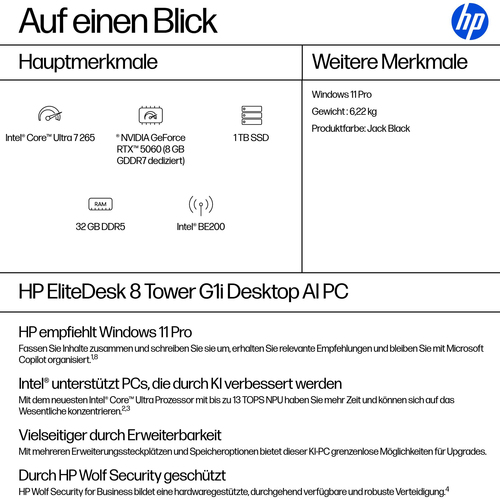 Desktop Computer HP EliteDesk 8 G1i - Intel Core Ultra 7 265 - vPro-Technologie - 32 GB - 1 TB PCI Express NVMe SSD - Towe