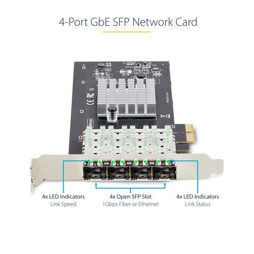 StarTech.com 4-Port GbE SFP Network Card, PCIe 2.0 x2 (x4, x8, x16 Compatible), Intel I350-AM4, Copper/Fiber Optic, Gigabi