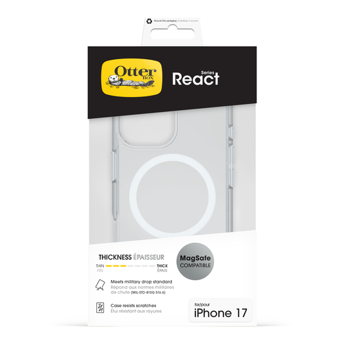OtterBox React MagSafe. Tipo de mala: Capa, Compatibilidade da marca: Apple, Compatibilidade: iPhone 17, Tamanho máximo de