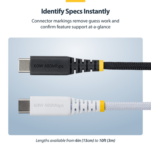 StarTech.com 30cm (1ft) USB-C Charging Cable, 60W (3A) PD, Dual-Layer Braided Nylon/TPE Jacket, Rugged USB 2.0 Laptop Char