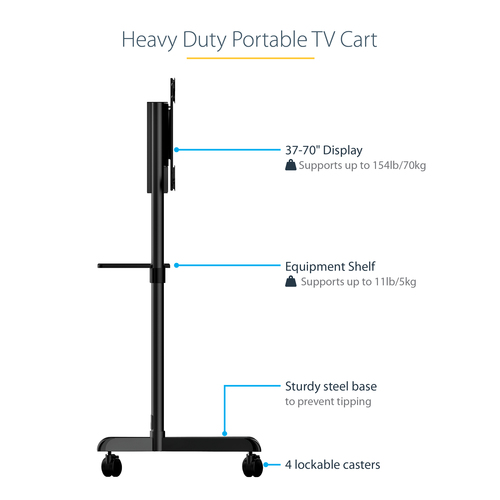 StarTech.com Mobile TV Cart, Portable Rolling TV Stand, 37-70 inch VESA Display Mount (154lb/70kg), Shelf & Storage, Rotat