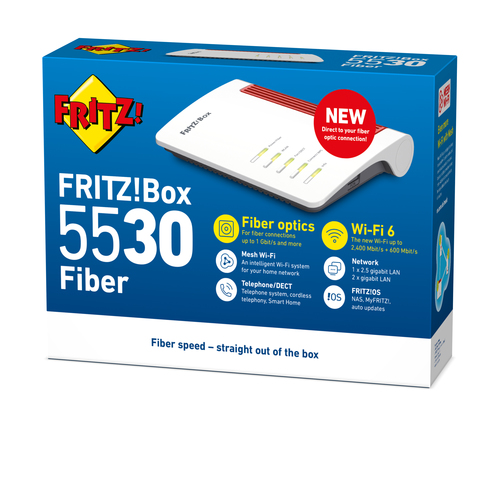 FRITZ!Box 5530 Fibre AON. Wi-Fi band: Dual-band (2.4 GHz / 5 GHz), Top Wi-Fi standard: Wi-Fi 6 (802.11ax), WLAN data trans
