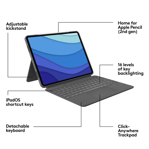 Housse/Clavier Logitech Combo Touch pour 32,8 cm (12,9") Apple, Logitech iPad Pro (5e génération) Tablette - Girs Oxford -