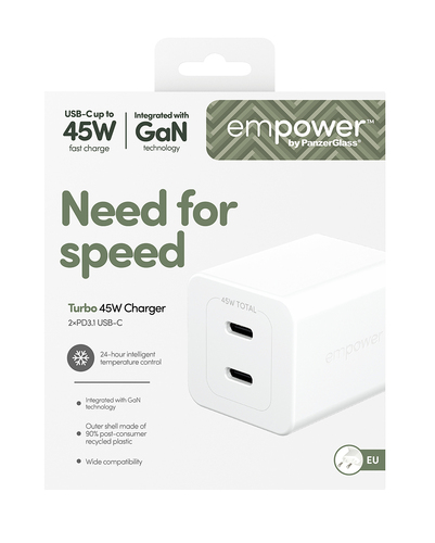 PanzerGlass Turbo 45 W AC Adapter - Universal Adapter - 2 USB Type-C - For Smartphone, Tablet PC - Europe - Silver, White
