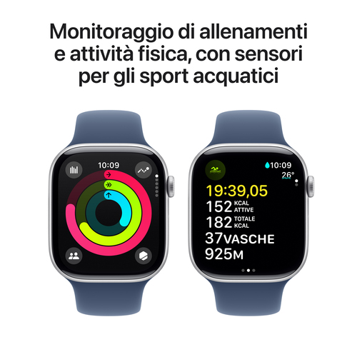 Apple Watch Series 10 Serie 10 GPS 46mm Cassa in Alluminio Color Argento con Denim Sport Band - M/L. Tecnologia display: O