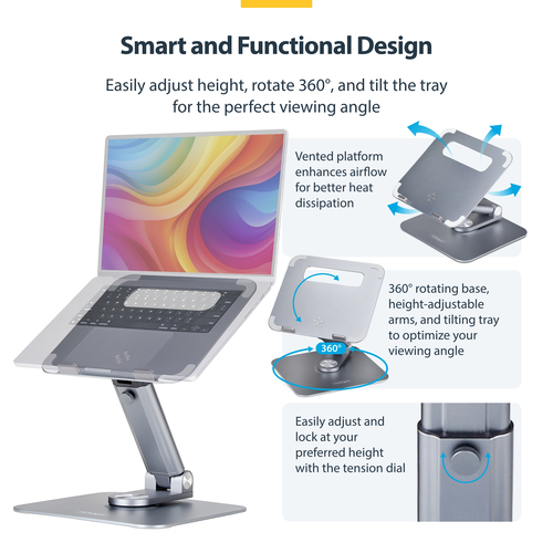 StarTech.com Height Adjustable Notebook Stand - 4.99 kg Load Capacity - 7.9 cm Height x 23.1 cm Width - Desk, Desktop - Si