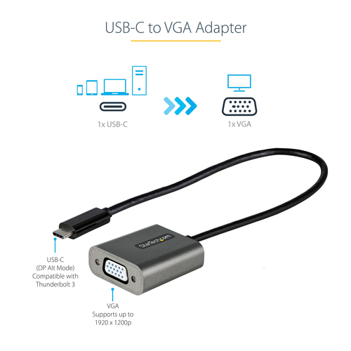StarTech.com USB C to VGA Adapter, 1080p USB Type-C to VGA Adapter Dongle, USB-C to VGA Monitor/Display Video Converter, 1