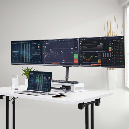 StarTech.com Triple Monitor Desk Mount For Up To Three 27in Screens, VESA 75x75/100x100, Tool-Less Arm Adjustments, C-Clam