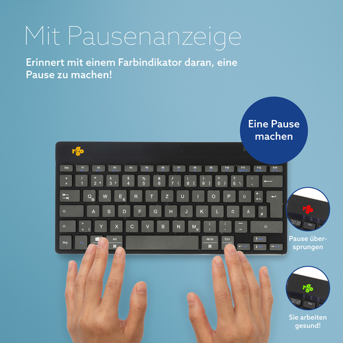 R-Go Tools Ergonomische Tastatur R-Go Compact Break, kompakte Tastatur mit Pausensoftware, QWERTZ (DE), Bluetooth, Schwarz