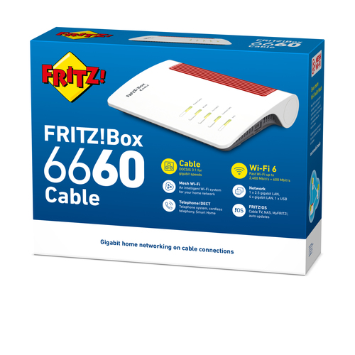FRITZ!Box 6660 Cable Retail International. Wi-Fi band: Dual-band (2.4 GHz / 5 GHz), Top Wi-Fi standard: Wi-Fi 6 (802.11ax)