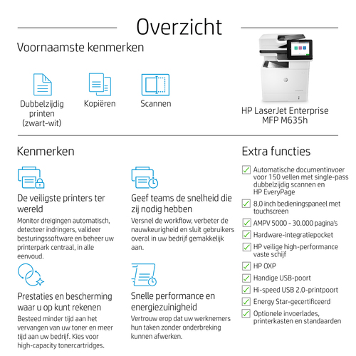 HP LaserJet Enterprise MFP M635h. Print technology: Laser, Printing: Mono printing, Maximum resolution: 1200 x 1200 DPI. C
