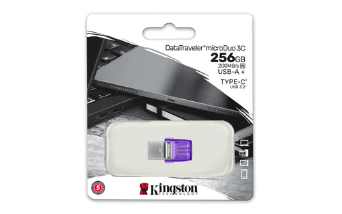 Kingston DataTraveler microDuo 3C DTDUO3CG3 256 GB USB 3.2 (Gen 1) Type C Flash Drive - Purple - 200 MB/s Read Speed