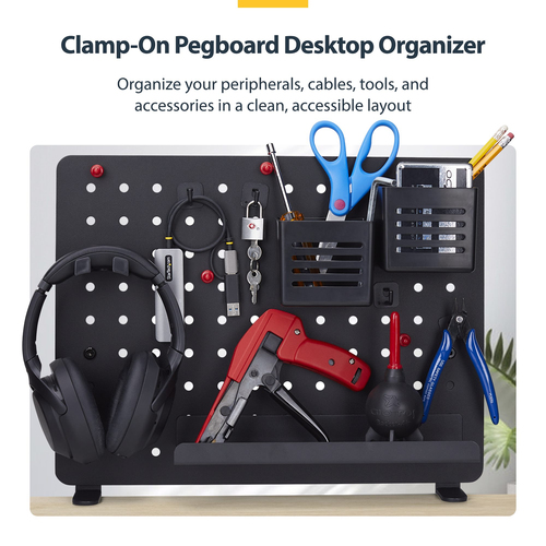 StarTech.com Clamp-On Pegboard with Accessories, 16.5x12.5in, Steel Peg Board, Desktop Storage Organizer, Black - Streamli