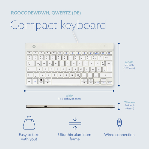 R-Go Tools Ergonomische Tastatur R-Go Compact Break, kompakte Tastatur mit Pausensoftware, QWERTZ (DE), Kabelgebunden, Wei