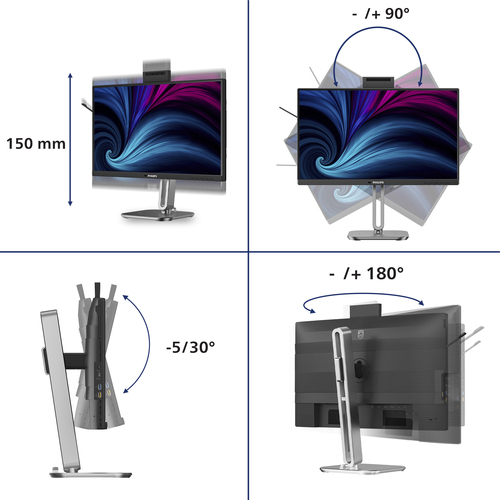 Monitor LED Philips 24B2U4301H 609,6 mm (24,0") Classe Webcam Full HD - 16:9 - Carbone - 60,5 cm (23,8") Viewable - Tecnol