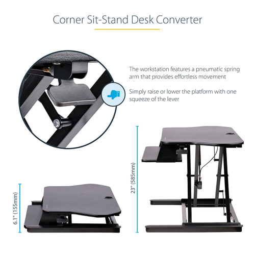 StarTech.com Corner Sit Stand Desk Converter with Keyboard Tray, Large Surface 35"x21" , Height Adjustable Ergonomic Table