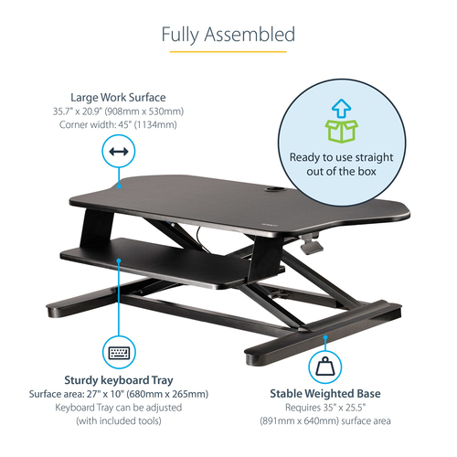 StarTech.com Corner Sit Stand Desk Converter with Keyboard Tray, Large Surface 35"x21" , Height Adjustable Ergonomic Table