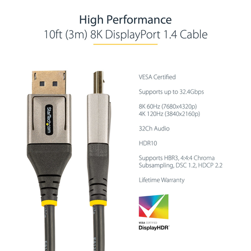 StarTech.com 10ft (3m) VESA Certified DisplayPort 1.4 Cable, 8K 60Hz HDR10, UHD 4K 120Hz Video, DP to DP Monitor Cord, DP 