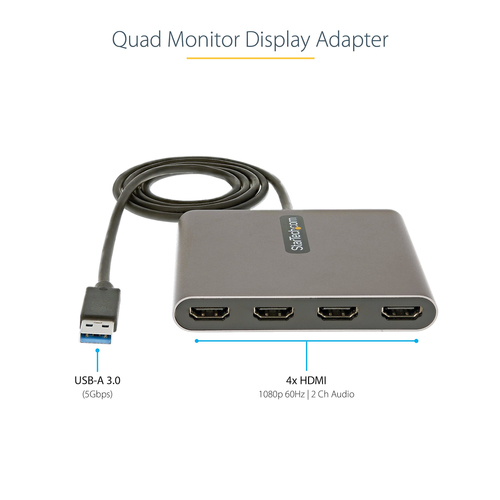 StarTech.com USB 3.0 to Quad HDMI Adapter, USB to 4x HDMI Monitor Converter for Windows (no support for macOS/ChromeOS/Lin