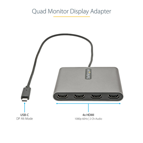 StarTech.com USB C to Quad HDMI Adapter, USB-C to 4x HDMI Monitor Converter for Windows (no support for macOS/ChromeOS/Lin
