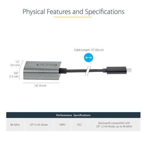 StarTech.com USB C to DisplayPort Adapter, 8K/4K 60Hz USB-C to DisplayPort 1.4 Adapter, DSC, USB Type-C to DP Video Conver