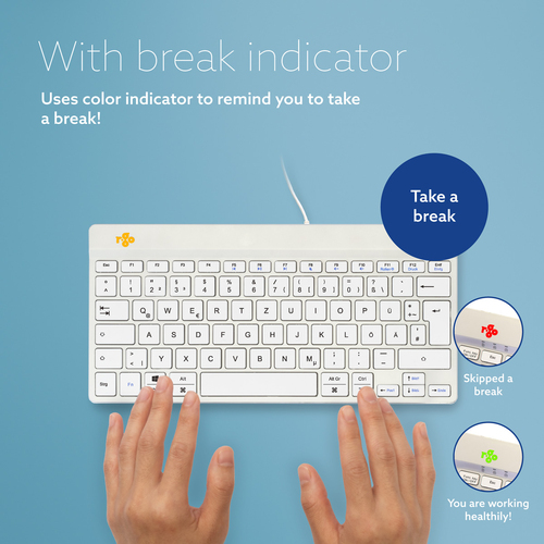 R-Go Tools Ergonomische Tastatur R-Go Compact Break, kompakte Tastatur mit Pausensoftware, QWERTZ (DE), Kabelgebunden, Wei