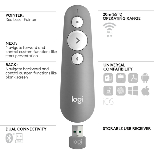 Logitech R500 Pointer - Bluetooth - USB - Mitte Gray - Kabellos - 2,40 GHz