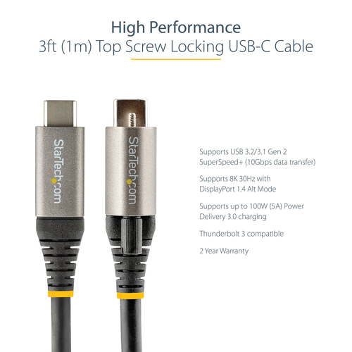 StarTech.com 3ft 1m Top Single Screw Locking USB C Cable 10Gbps, USB 3.1 Type-C Cable, 5A/100W PD, DP Alt Mode, USB-C to C