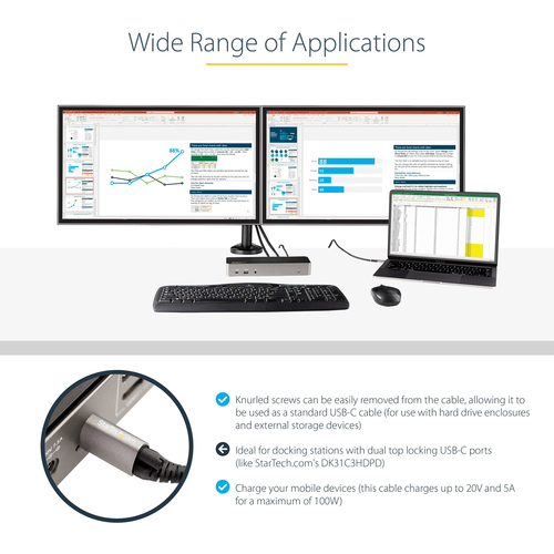 StarTech.com 3ft 1m Top Single Screw Locking USB C Cable 10Gbps, USB 3.1 Type-C Cable, 5A/100W PD, DP Alt Mode, USB-C to C
