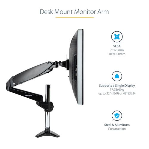 StarTech.com Desk Mount Monitor Arm for Single VESA Display 49""(17.6lb/8kg), Full Motion Articulating & Height Adjustable