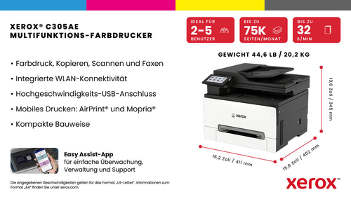 Xerox C305ae. Drucktechnologie: Laser, Drucken: Farbdruck, Maximale Auflösung: 2400 x 600 DPI, Druckgeschwindigkeit (Farbe
