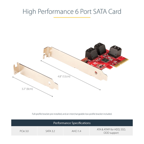 StarTech.com SATA PCIe Card, 6 Port PCIe SATA Expansion Card, 6Gbps SATA Adapter, Stacked SATA Connectors, PCI Express to 
