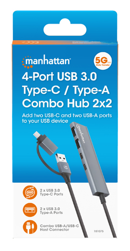 Manhattan USB Hub - USB Type A, USB Type C - 640 MB/s - Notebook, Desktop, Smartphone, Mouse, Keyboard, Flash Drive, Table