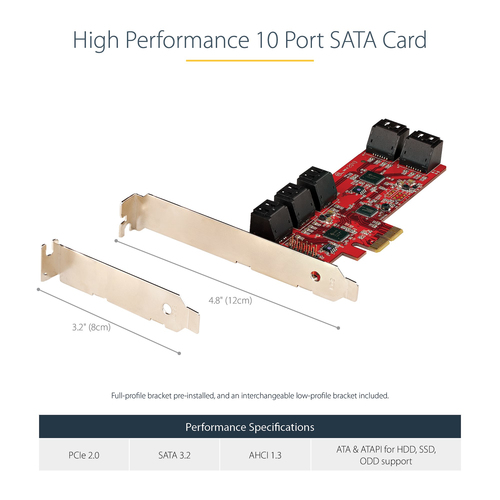 StarTech.com SATA PCIe Card, 10 Port PCIe SATA Expansion Card, 6Gbps SATA Adapter, Stacked SATA Connectors, PCI Express to