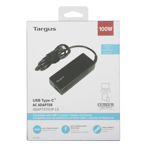Targus APA108EU 100 W AC Adapter - 1 USB Type-C - For USB Type C Device, Notebook, Tablet, Phone - Europe - 1.80 m Cable -