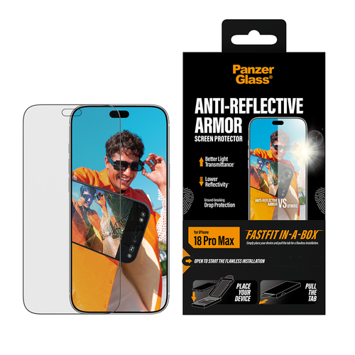 PanzerGlass ® Anti-reflective Armor Screen Protector iPhone 18 Pro Max | Ultra-Wide Fit w. FASTFIT IN-A-BOX. Kompatibilitä