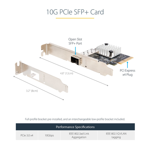 StarTech.com PEX10GSFP 10Gigabit Ethernet Card for Computer Case - 10GBase-X - SFP+ - Plug-in Card - PCI Express 3.0 x4 - 