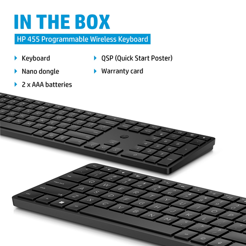 HP 455 Programmable Wireless Keyboard. Keyboard form factor: Full-size (100%), Connectivity technology: Wireless, Device i