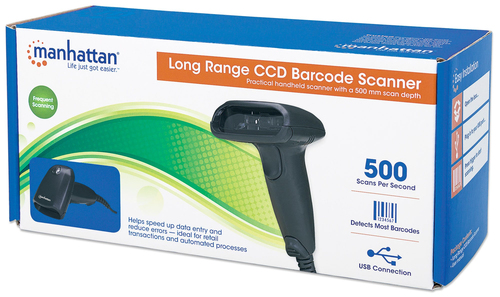 Manhattan 177672 Handheld Barcode Scanner - Cable Connectivity - Black - 500 scan/s - 500 mm Scan Distance - 1D - Long Ran