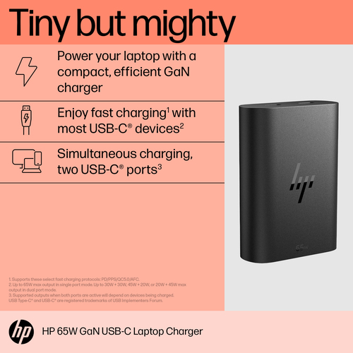 HP 65W GaN USB-C Laptop Charger. Purpose: Laptop, Power supply type: Indoor, Output voltage: 5,9,12,15,20 V. Product colou