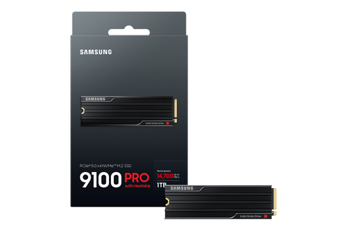 Samsung 9100 PRO Heatsink PCIe® 5.0 NVMe™ M.2 SSD - 1 TB. SSD capacity: 1 TB, SSD form factor: M.2, Read speed: 14700 MB/s