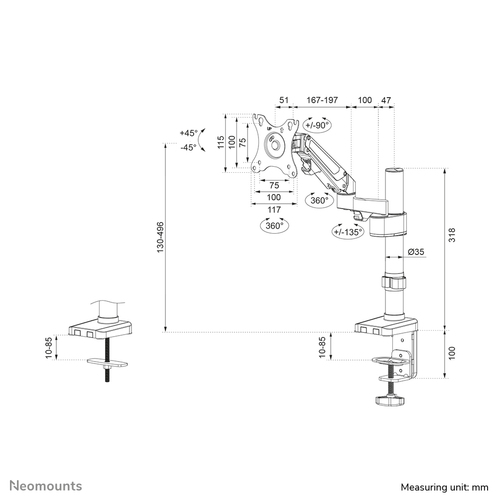 Neomounts DS70-750BL1 Monitor arm 17-27" - gas spring. Mounting: Clamp/Grommet, Maximum weight capacity: 7 kg, Minimum scr