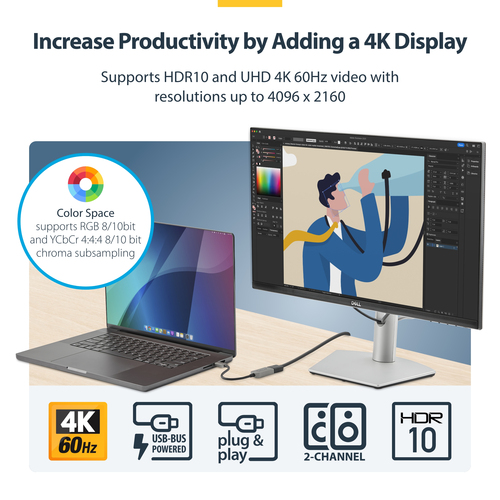 StarTech.com USB-C to HDMI Adapter, 4K 60Hz Video, HDR10, USB-C to HDMI Monitor Dongle, USB4 / Thunderbolt Compatible - Co