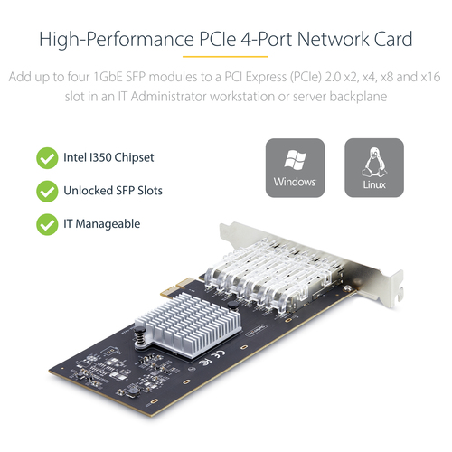 StarTech.com 4-Port GbE SFP Network Card, PCIe 2.0 x2 (x4, x8, x16 Compatible), Intel I350-AM4, Copper/Fiber Optic, Gigabi