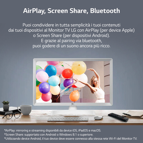 LG 24TQ510S Monitor TV 23.6" smart webOS 22 Wi-Fi NOVITÀ 2022 Bianco. Dimensioni diagonale schermo: 59,9 cm (23.6"), Risol