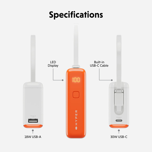 Hyperjuice Flex HJ5401OGGL Power Bank - Vermilion Orange - For Smartphone, Tablet PC, Notebook, USB Type A Device, USB Typ