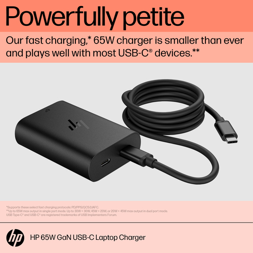 HP 65W GaN USB-C Laptop Charger. Purpose: Laptop, Power supply type: Indoor, Output power: 65 W. USB connector type: USB T