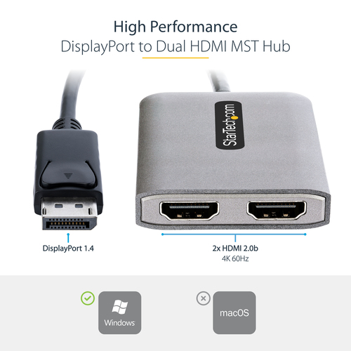 StarTech.com DP to Dual HDMI MST HUB, Dual HDMI 4K 60Hz, 2 Port DisplayPort Multi Monitor Adapter with 1ft/30cm Cable, DP 